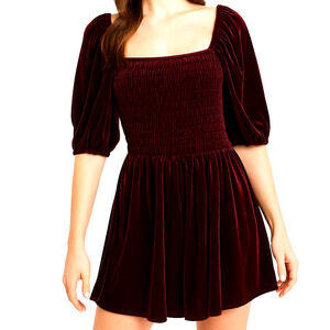Urban Outfitters‎ Womens Romper M Wine Patsy Velvet Y2K Milkmaid Puff Sleeves
